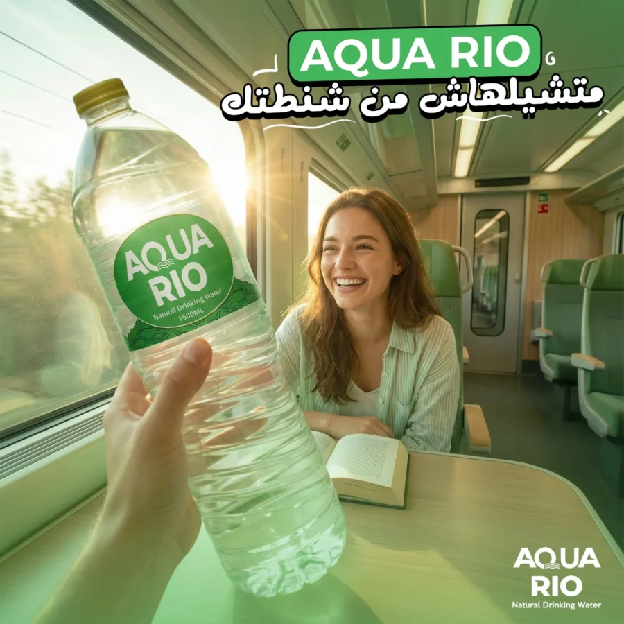 Aqua Rio post: bottle held up on a sunlit train, 'don't leave it out of your bag'