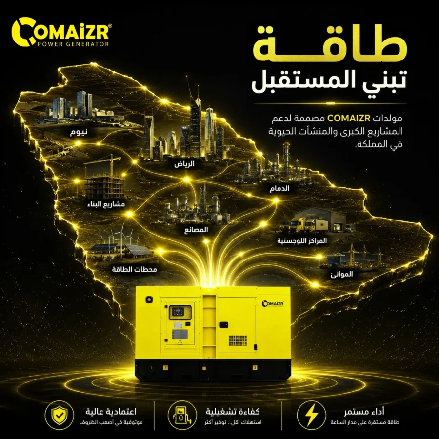 Comaizr post: glowing map of Saudi Arabia above a generator, 'power that builds the future'