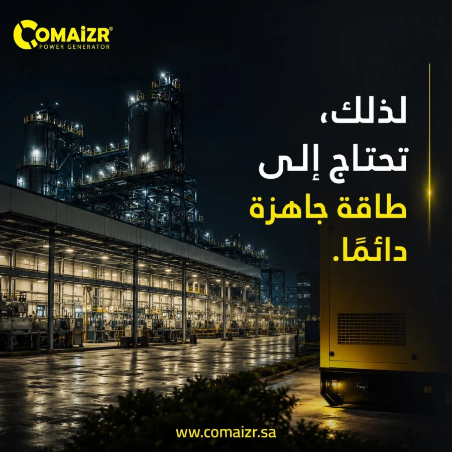 Comaizr post: generator outside an industrial plant at night