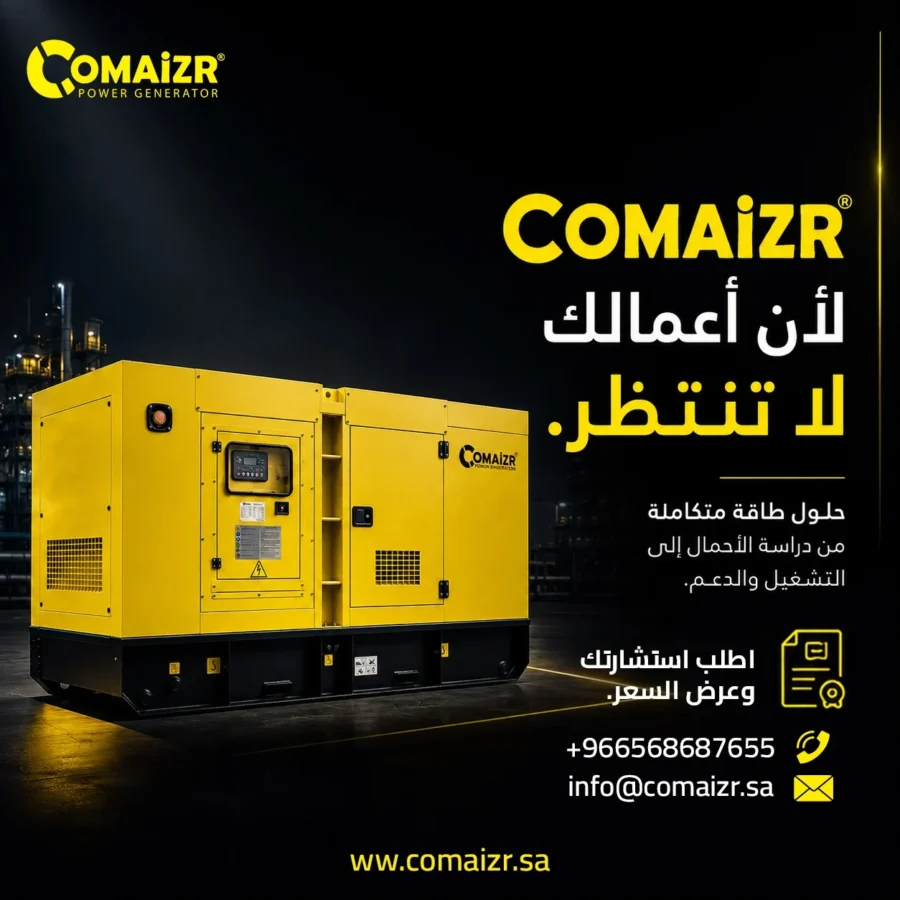 Comaizr post: generator on wet asphalt, 'because your business doesn't wait'