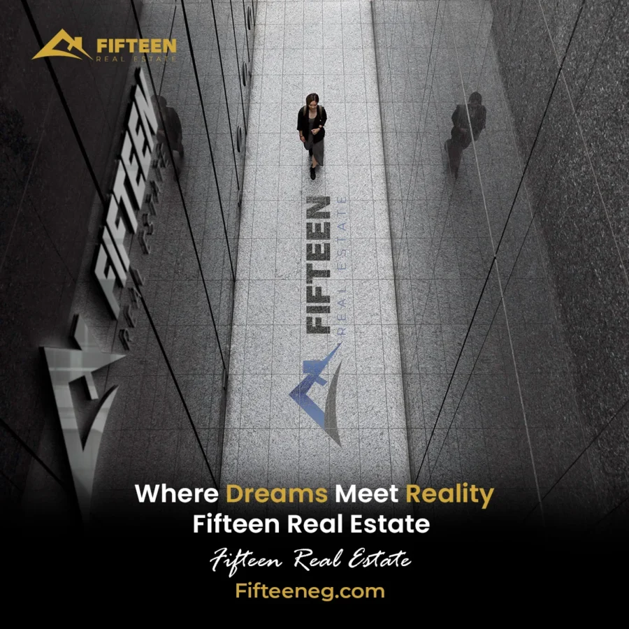 Fifteen Real Estate post: aerial black-and-white street with the Fifteen wordmark on the pavement — Where Dreams Meet Reality