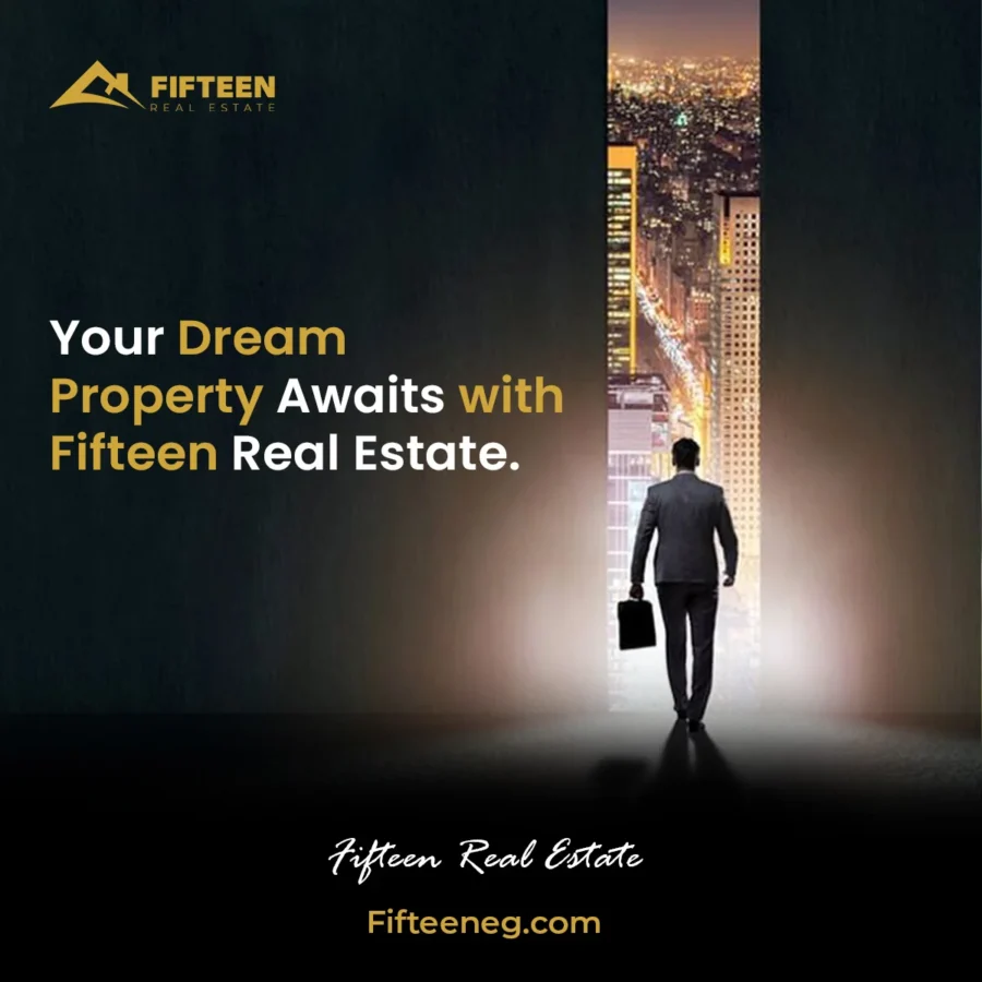 Fifteen Real Estate post: a man in a suit walking into a lit night skyline — Your Dream Property Awaits