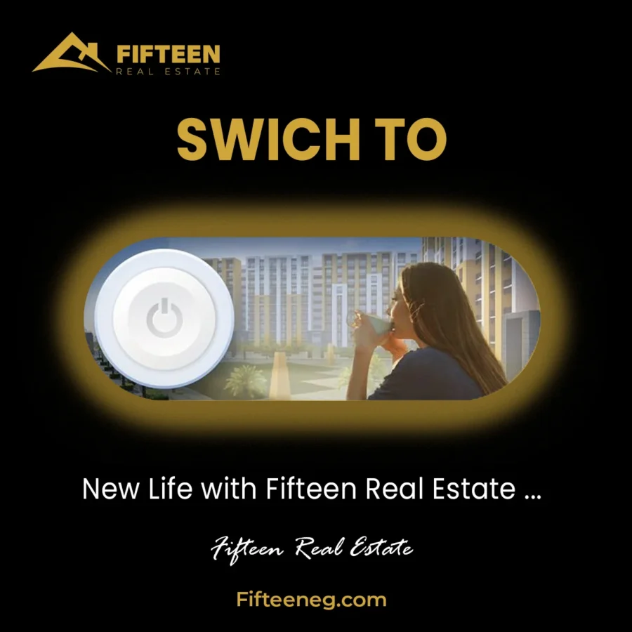 Fifteen Real Estate post: a glowing power switch between a dark room and a sunlit window — switch to a new life