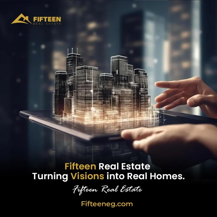 Fifteen Real Estate post: hands over a tablet with a glowing city rising from the screen — Turning Visions into Real Homes