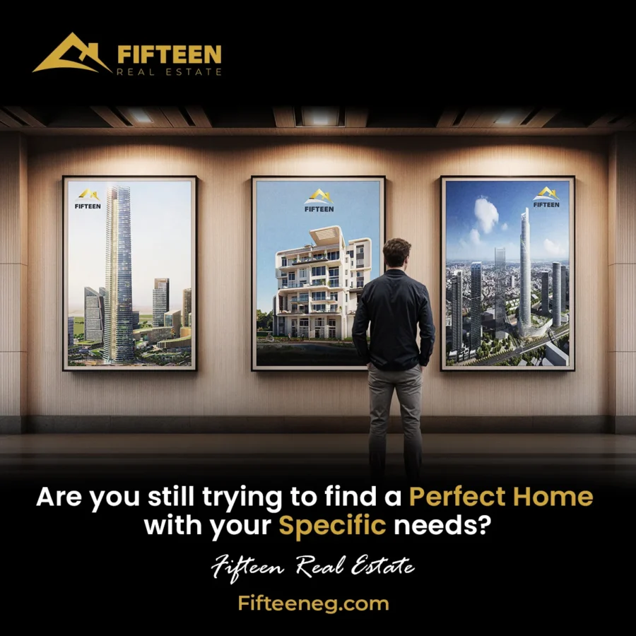 Fifteen Real Estate post: a man in a gallery facing three framed property renders — Are you still looking for a home that fits your needs?