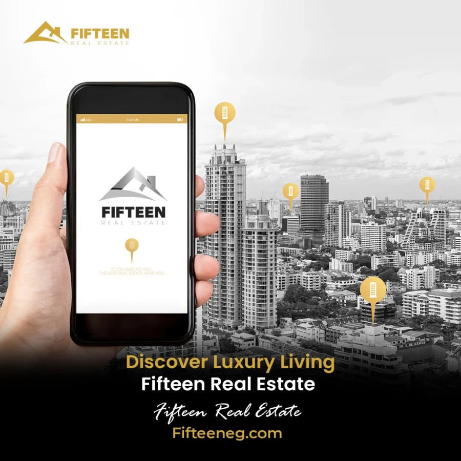 Fifteen Real Estate post: a phone showing the Fifteen app over a grey city marked with gold pins — Discover Luxury Living