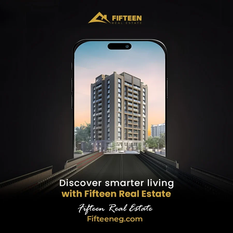 Fifteen Real Estate post: a residential tower rising out of a phone screen — Discover smarter living