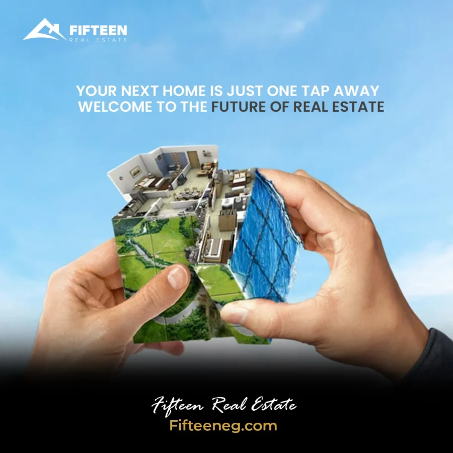 Fifteen Real Estate post: two hands holding a folded block of land and buildings against a blue sky — your next home is one tap away