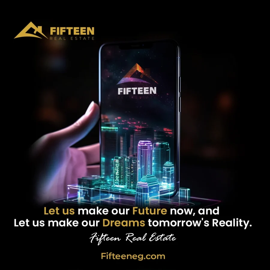 Fifteen Real Estate post: a hand touching a phone with a neon holographic city above it — make the future now