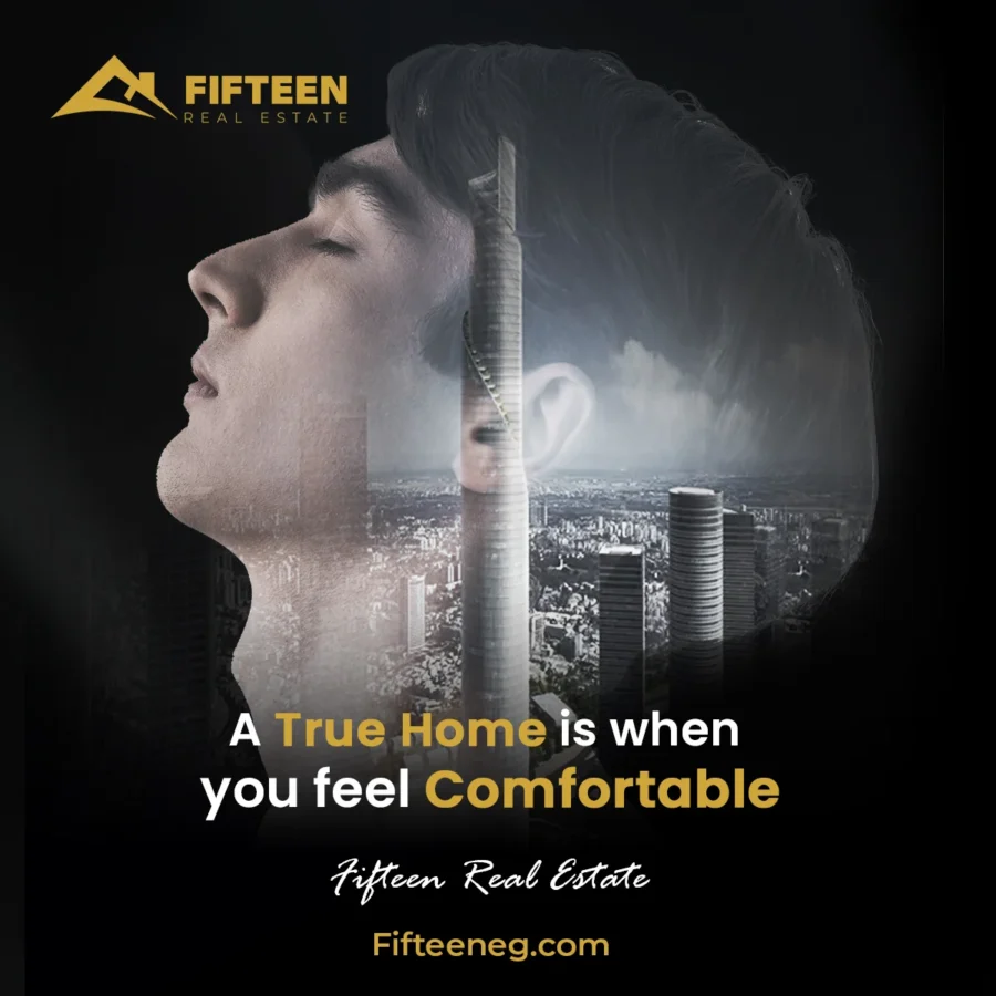Fifteen Real Estate post: a young man's profile with a city skyline inside it — A true home is when you feel comfortable