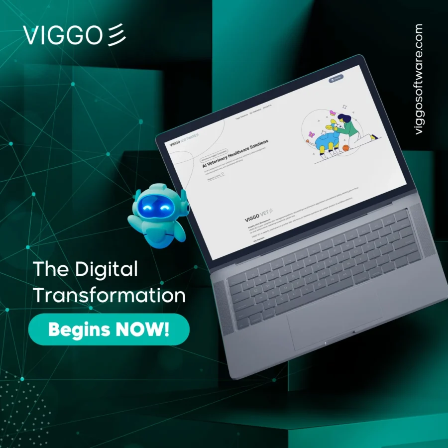 viggoVet post: laptop with a robot mascot, 'the digital transformation begins now'
