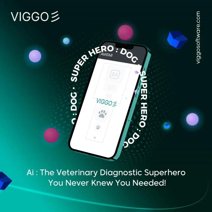 viggoVet post: phone with the app, 'AI, the veterinary diagnostic superhero'