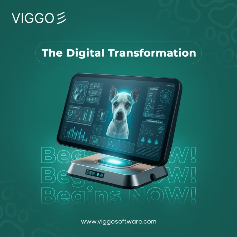 viggoVet post: dog on a diagnostic monitor, 'the digital transformation begins now'