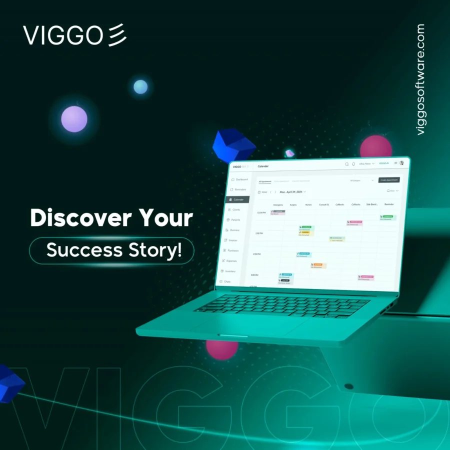 viggoVet post: laptop with the calendar view, 'discover your success story'