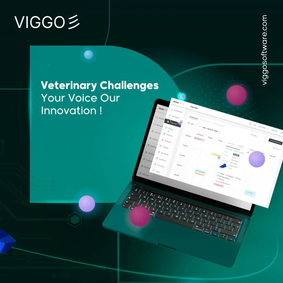 viggoVet post: laptop with dashboard, 'veterinary challenges, your voice our innovation'