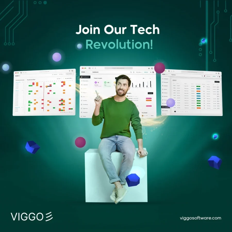 viggoVet post: man sitting among floating screens, 'join our tech revolution'