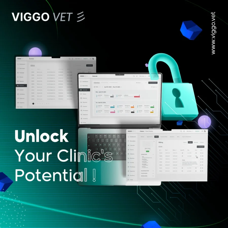 viggoVet post: unlocked padlock over app screens, 'unlock your clinic's potential'