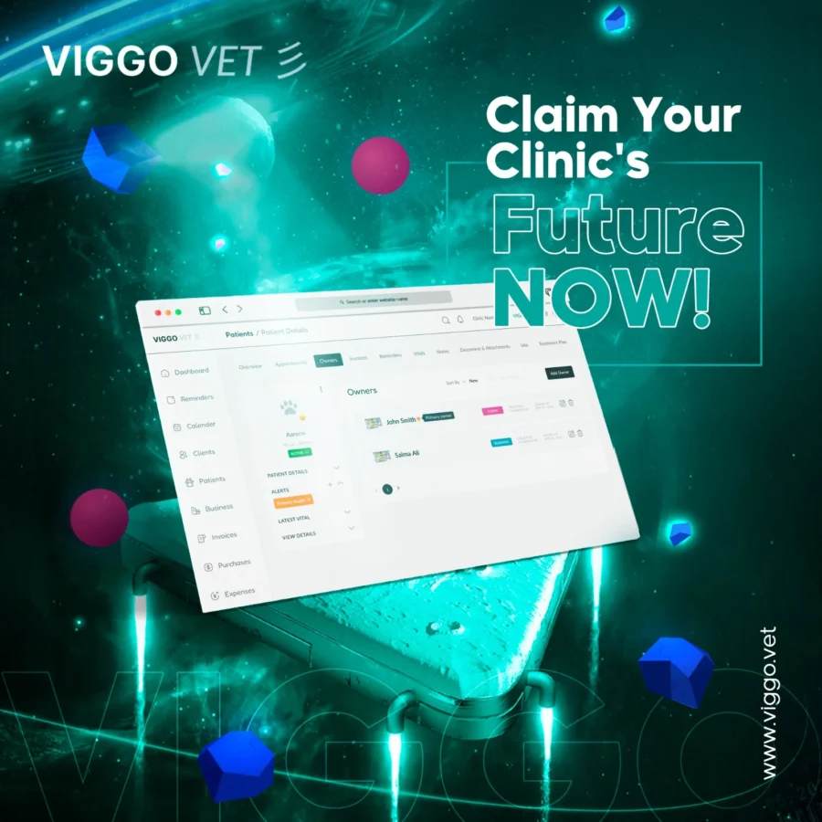 viggoVet post: dashboard with light beams, 'claim your clinic's future now'
