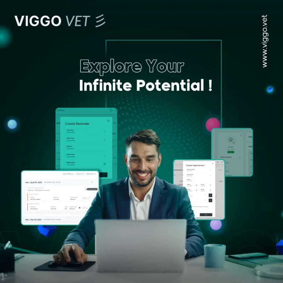 viggoVet post: smiling vet at a desk with floating screens, 'explore your infinite potential'