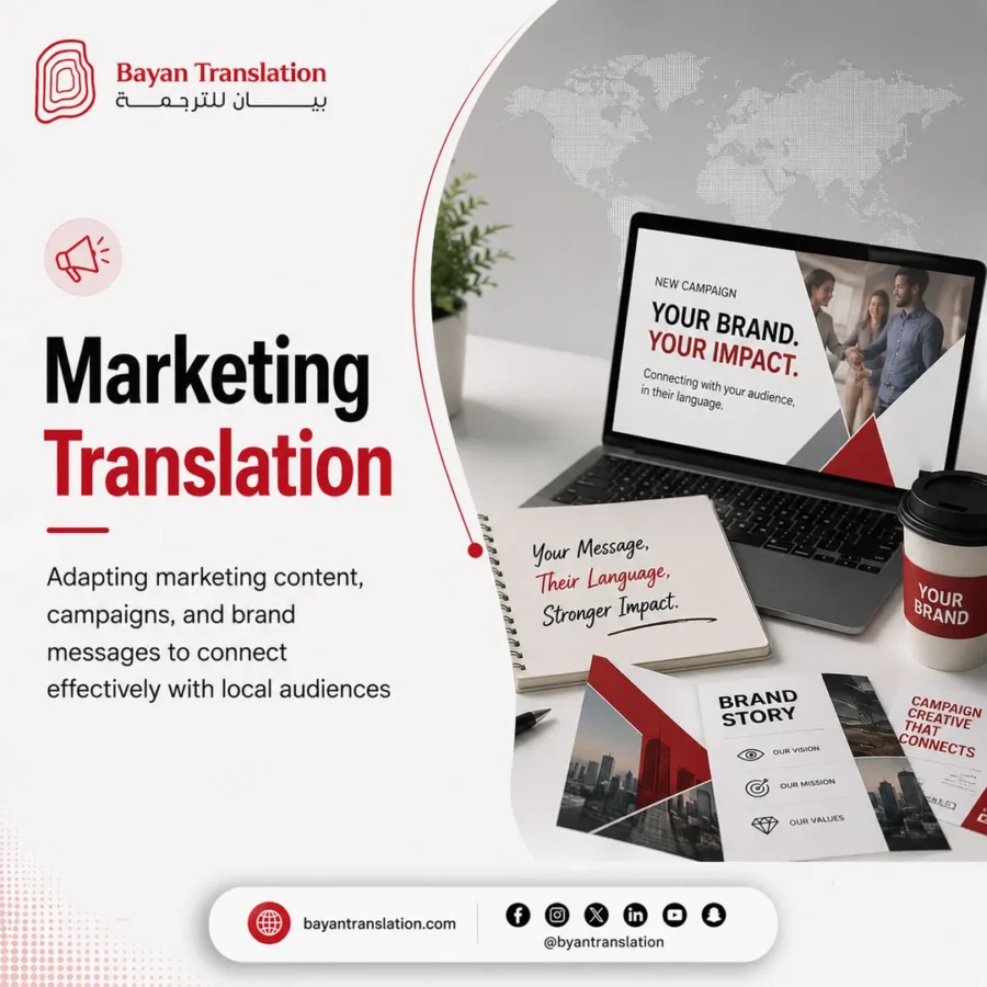Bayan Translation post: marketing translation, campaign brochures and a laptop