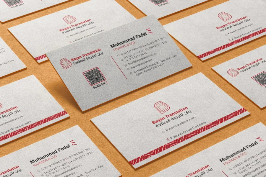 Bayan Translation business cards in a grid