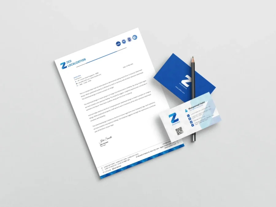 Zed Localization letterhead and business card