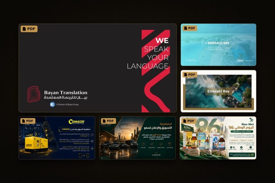 Six presentation designs by Hossam Mahran shown in full: Bayan Translation company profile, Sela Emerald Bay teasers, and Comaizr, Sumou First and Pure Herb strategy decks