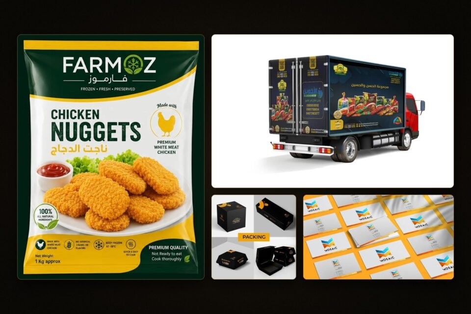 Print design by Hossam Mahran: FARMOZ chicken nuggets pack, Al Hassan & Al Hussein truck livery, Delicious Stars packaging and MOSAIC business cards