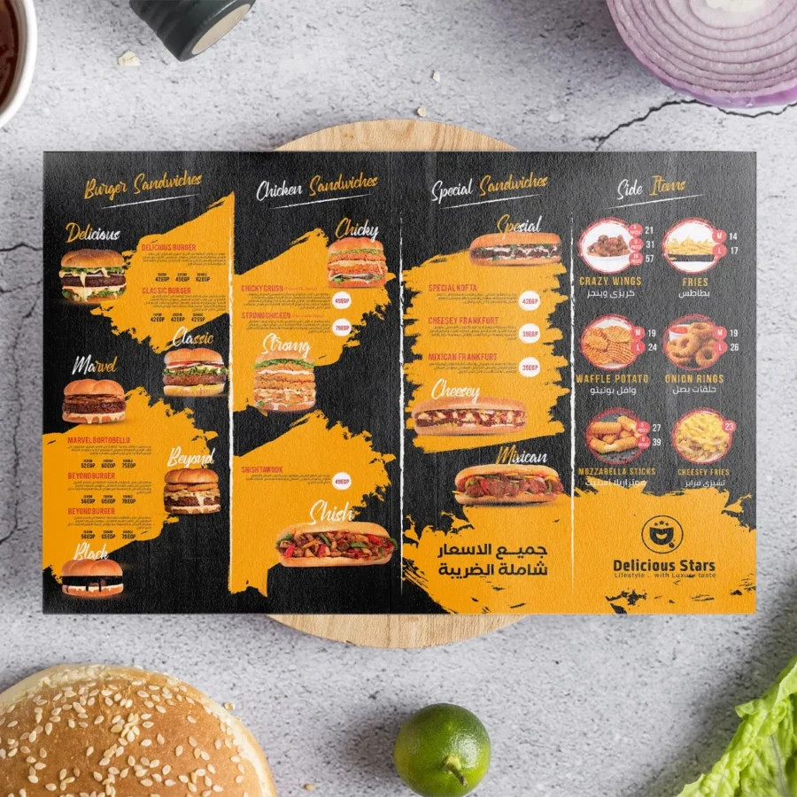 Delicious Stars menu with burgers, chicken and sides