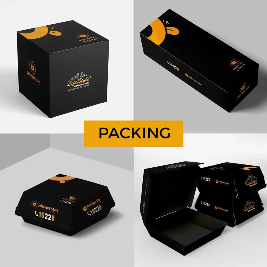 Delicious Stars black and orange takeaway packaging