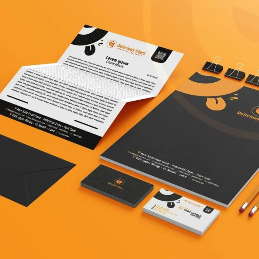 Delicious Stars stationery in black and orange