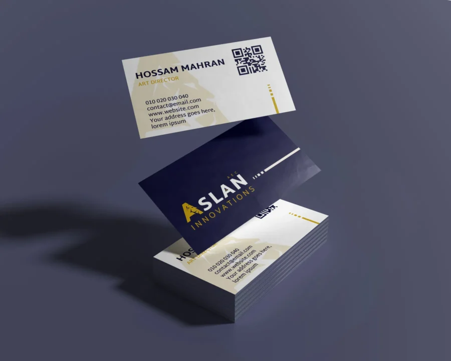 ASLAN Innovations navy and gold business cards