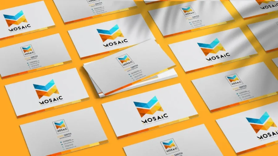 MOSAIC business cards on an orange background