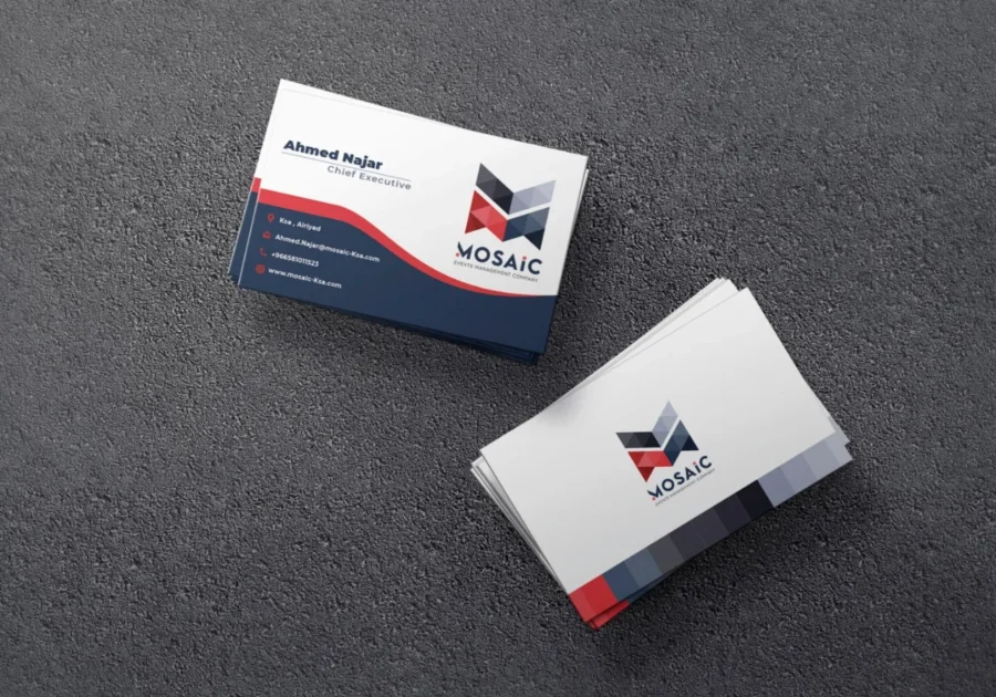 MOSAIC business cards on a dark surface